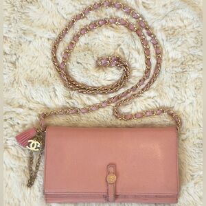 Chanel Coco Pink bifold WOC wallet on chain w Gold Accents & charm vintage